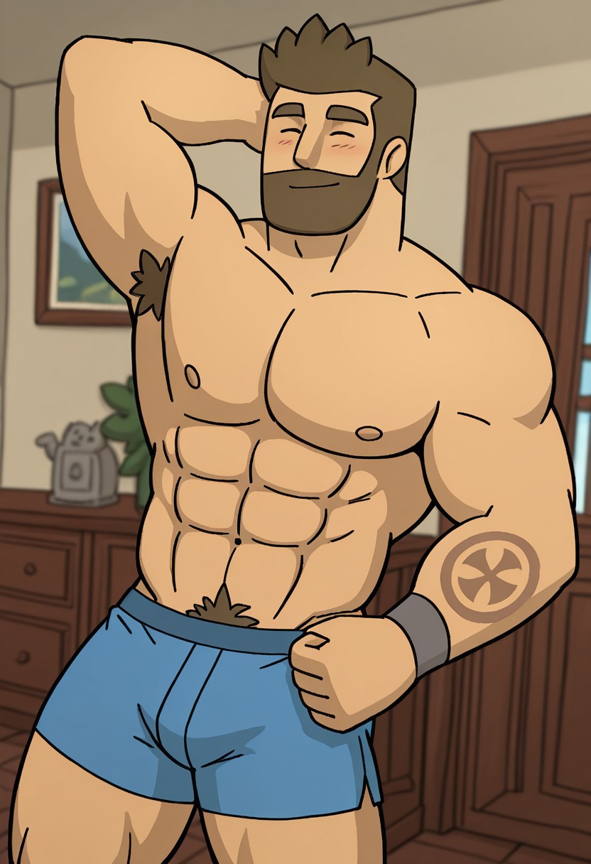 detailed background, detailed background, masterpiece, perfect quality, best quality, detailed, newest, very aesthetic, OrdericRMA, facial hair, short hair, bara, solo, beard, smile, brown hair, 1boy, male focus, indoors background, pectorals, abs, muscular, smile, looking at viewer toppless male, blue underwear boxers, hand behind head, eyes closed, blush, ^ ^, sculptures