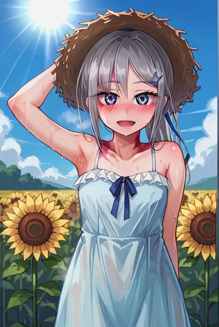 score 9,score 8 up,score 7 up,rating questionable,detailed background,aroused,cinematic lighting,dynamic lighting,uncensored,
,sylvie <lora:sylvie.pony:1>,silver hair, ponytail,blue ribbon, 
steaming body,sensual,alluring,sweatdrop,heavy breathing,
outdoors,sunflower field,summer,blue sky,thunderclouds,light blue sundress,straw hat,sunlight,
smile,open mouth,armpits,sweat,
