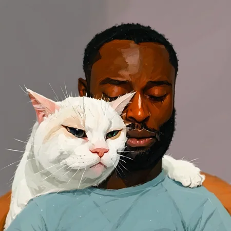 black male with beard sleeping, a white cat sits on his shoulder and rubs his head, caricature, albeniz rodriguez style <lora:albeniz-rodriguez-style-v2:0.7>