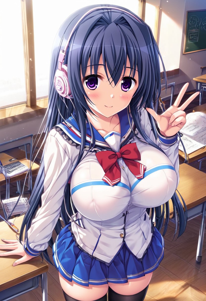 4k resolution, masterpiece, absurdes, highly detailed, highres, high quality, best quality, score_9_up, score_8_up, score_7_up, anime_source, source_anime, anime coloring, high resolution, detailed face, best quality, detailed eyes, High-resolution portrait, sharp detail, subtle blush, masterpiece, source_anime, anime style, cowboy shot, rare view, dynamic angle,
Break, 
1girl, Otowa Kanade, solo, solo focus, looking at viewer, long hair, dark blue hair, intake hair, side hair, spiky bangs, v bangs, violet eyes, tareme, breasts, large breasts, pale, slim, sexy, curvy, voluptuous, headphones, school uniform, blue and white sailor-style shirt, blue lines on shirt, red tie, blue pleated miniskirt, thigh high-stockings, closed mouth, standing, relaxed posture, neutral stance, notebook in hand,
Break,
indoor, classroom setting, windows, daytime, natural lighting,