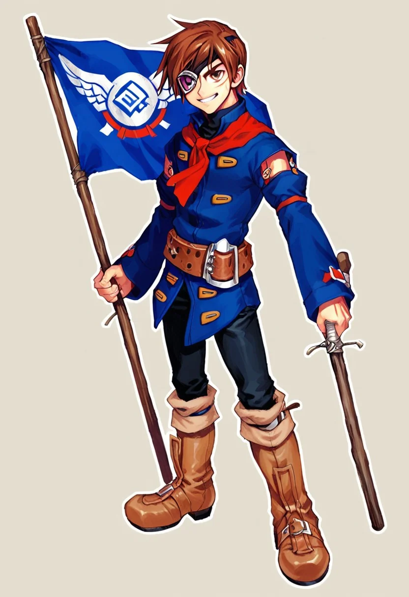score_7_up, score_8_up, score_9_up, BREAK, vyse, brown hair, short hair, scar on face, brown eyes, eyepatch, looking at viewer, smile, red neckerchief, blue tunic, detached sleeves, belt, black pants, knee boots, male focus, solo, full body, holding, holding flag, simple background