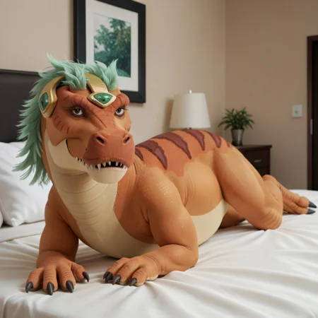 score_9, score_8_up, score_7_up, score_6_up, score_5_up, score_4_up, masterpiece, high quality, realistic, detailed, best quality, white bed, solo, rating_safe, source_furry, bedroom, lying on belly, smiling, seductive, looking at viewer, full body, close up, detailed eyes, Tyrannosaurus_ram, dinosaur, tyrannosaurus, orange scales, green hair, tail, claws, 1girl, female, black eyes, headgear, feral