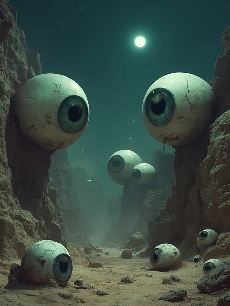  a surreal and eerie scene featuring massive, lifelike eyeballs embedded in a rocky, desolate landscape. These gigantic eyes are partially cracked, giving them a weathered and ancient appearance. They are scattered across the ground and protruding from cliffs, as if they are part of the natural terrain. Some eyes are set deep into the rock, while others rest on the surface, with smaller ones placed around the foreground.

The sky is dark, possibly set at dusk or night, with a single bright star or celestial object shining above, casting an otherworldly glow on the scene. Desert in the background, enhancing the feeling of isolation and mystery. The overall mood is unsettling, with the enormous eyes giving the impression of constant surveillance or awareness, creating an atmosphere of surreal observation.

The image combines natural and unnatural elements, blending the organic (eyes) with the harsh, craggy environment, evoking themes of surveillance, fear, or perhaps the boundaries between reality and imagination. The setting feels like an alien world or a dreamlike, dystopian realm.