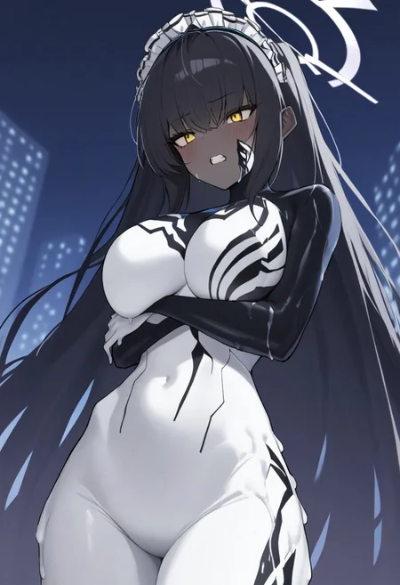 Masterpiece, best quality, 1girl, cowboy shot, Karin_(Blue_Archive), (very dark skin, halo, black hair, very long hair), yellow eyes, long hair in wind, blush, clentched teeth, maid headdress,black sleeves, large breasts, covered navel, white bodysuit, skin tight, White detailed bodysuit, spider print, Venom symbol on breasts, Symbiote, white symbiote suit, white tentacles, slime(substance), white slime, transformation, symbiote covered half face, bare face half exposed, self hug, night, garrage