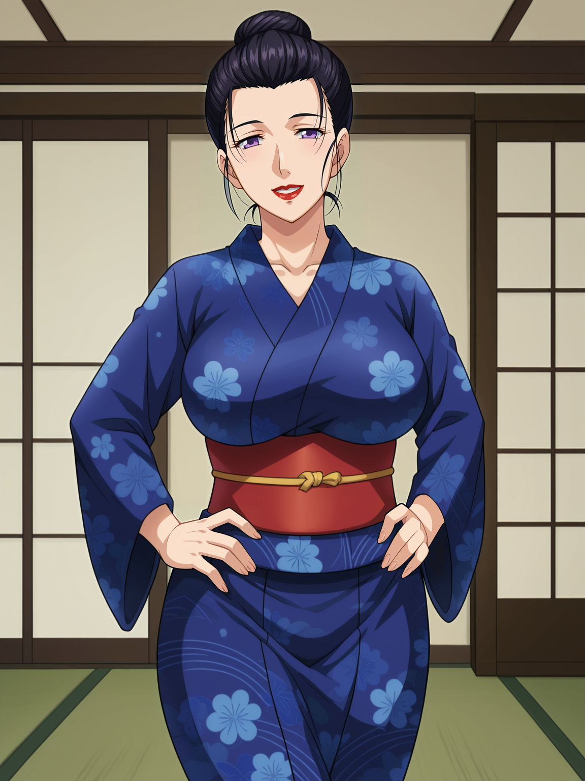 <lora:Shizue-Enbi:0.7>,Shizue,mature female,1girl,solo,black hair,lipstick,purple eyes,hair bun,large breasts,kimono,hands on own hips,looking at viewer,indoors,smile