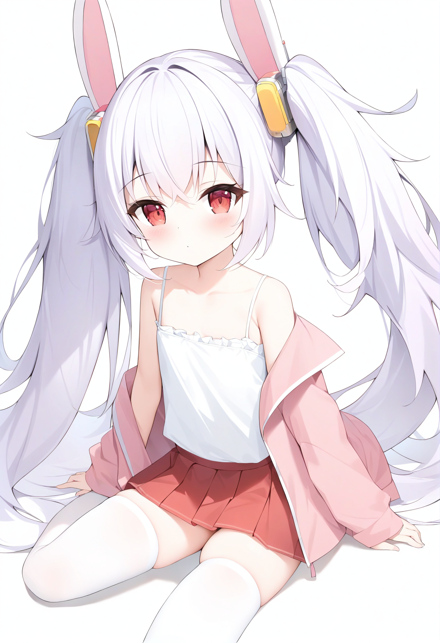 1girl,
laffey \(azur lane\),twintails,red eyes,
chen bin,jyt,
8 year old,
white_camisole,fake animal ears,rabbit ears,pink jacket,pleated skirt,red skirt,white thighhighs,off shoulder,
masterpiece,best quality,absurdres,