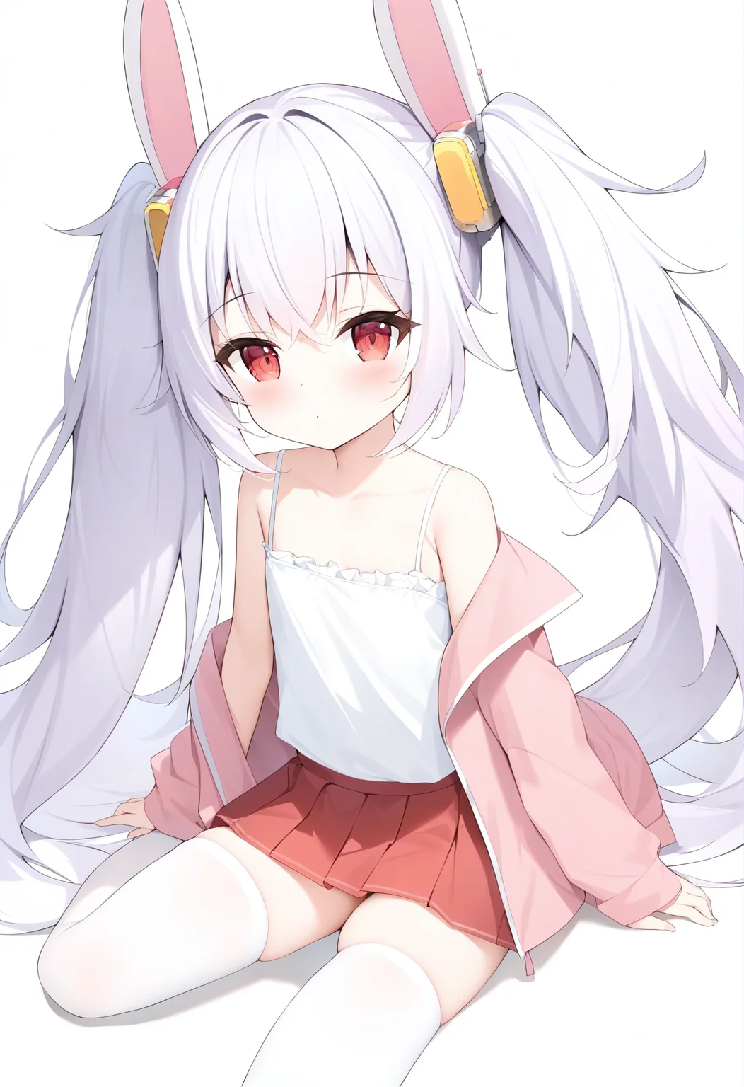 1girl,
laffey \(azur lane\),twintails,red eyes,
chen bin,jyt,
8 year old,
white_camisole,fake animal ears,rabbit ears,pink jacket,pleated skirt,red skirt,white thighhighs,off shoulder,
masterpiece,best quality,absurdres,
