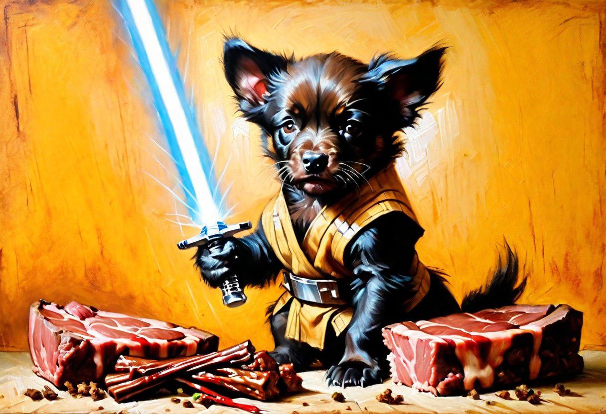 puppy wolverine Obi-Wan, grilling beef on light saber, 
Oil Painting, 
(Renaissance Paintings, Renaissance style, beautiful, painterly, detailed, textural, artistic),  (((intricate details, highly detailed, ultra-detailed, absurdres))), (unreal engine, octane rendering, Anti-Aliasing, sharp focus, natural lighting, high saturation, high contrast, vivid, vibrant, studio lighting, best texture quality), beautiful detailed scenery,