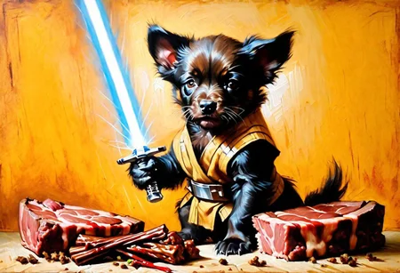 puppy wolverine Obi-Wan, grilling beef on light saber,
Oil Painting,
(Renaissance Paintings, Renaissance style, beautiful, painterly, detailed, textural, artistic), (((intricate details, highly detailed, ultra-detailed, absurdres))), (unreal engine, octane rendering, Anti-Aliasing, sharp focus, natural lighting, high saturation, high contrast, vivid, vibrant, studio lighting, best texture quality), beautiful detailed scenery,