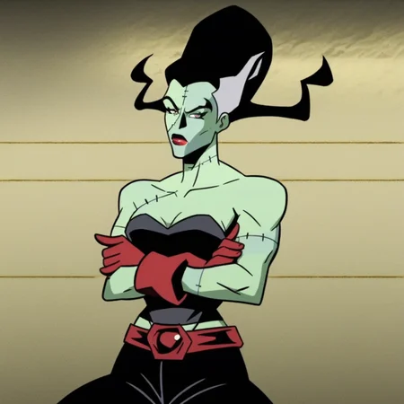 Green skin, skin stitches, black frizzy hair, white highlights in hair, lipstick, female, arms crossed, black top, black pants, red gloves,