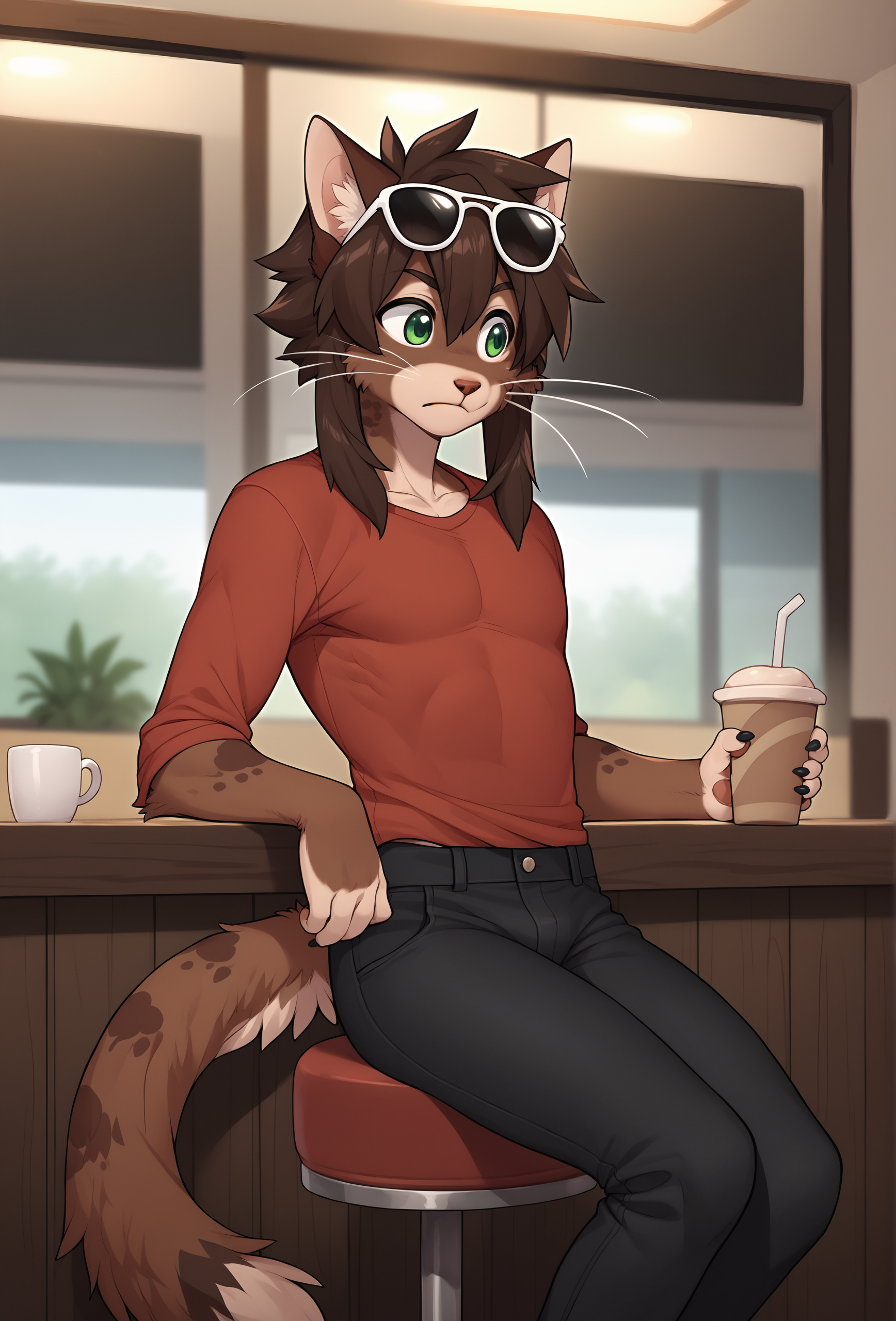 score_9, score_8_up, score_7_up, score_6_up, score_5_up, score_4_up, cafe, indoors, bokeh, realistic, source_furry BREAK
 <lora:twix_fluffkevlar_ponyXL_v1.3_0.99:1> twix, 1boy, solo, furry, tail, whiskers, brown hair, medium hair, green eyes, black claws, shirt, pants, sitting on a stool, red shirt, black pants, sunglasses on head, closed mouth, otoko no ko,