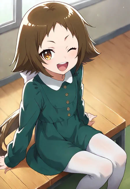 score_9, score_8_up, score_7_up, source_anime, masterpiece, 1girl, ct_mashir0, hair bow, green dress, white pantyhose, long sleeves, indoors, depth of field, looking at viewer, from above, sitting, one eye closed, laughing, <lora:Mashiro_Mitsumine_pony_ct_ver2:0.9>