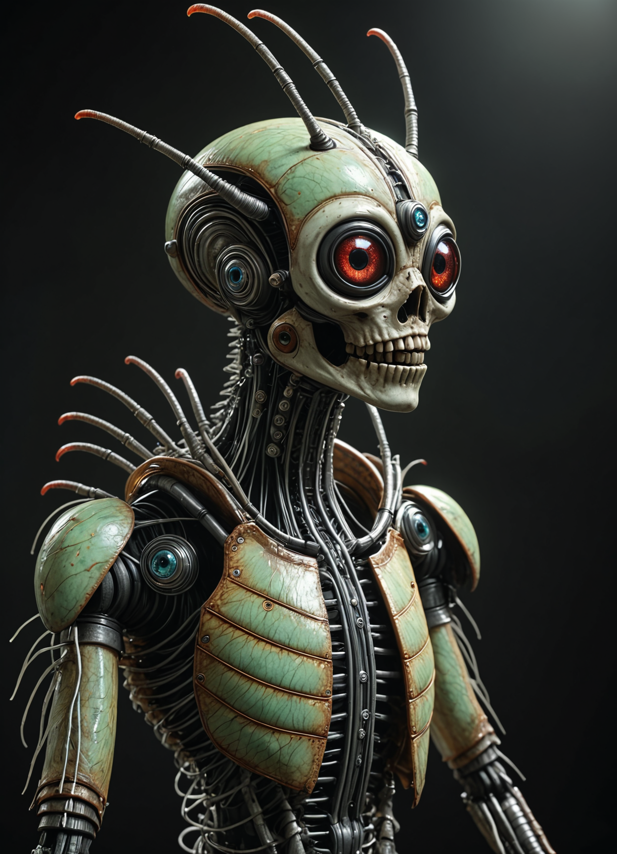 robot with a metal beetle mask, realistically scary eyes, wires creating a long neck, body covered in Exoskeleton, sharp metal Feathered Appendages, in a dark room; realistic, in 4k, horrifying, and nightmare fuel. <lora:TheWeirdies:0.75> TheWeirdies <lora:add-detail-xl:1> , subsurface scattering, Photorealistic, Hyperrealistic, analog style, realistic, film photography, soft lighting, heavy shadow