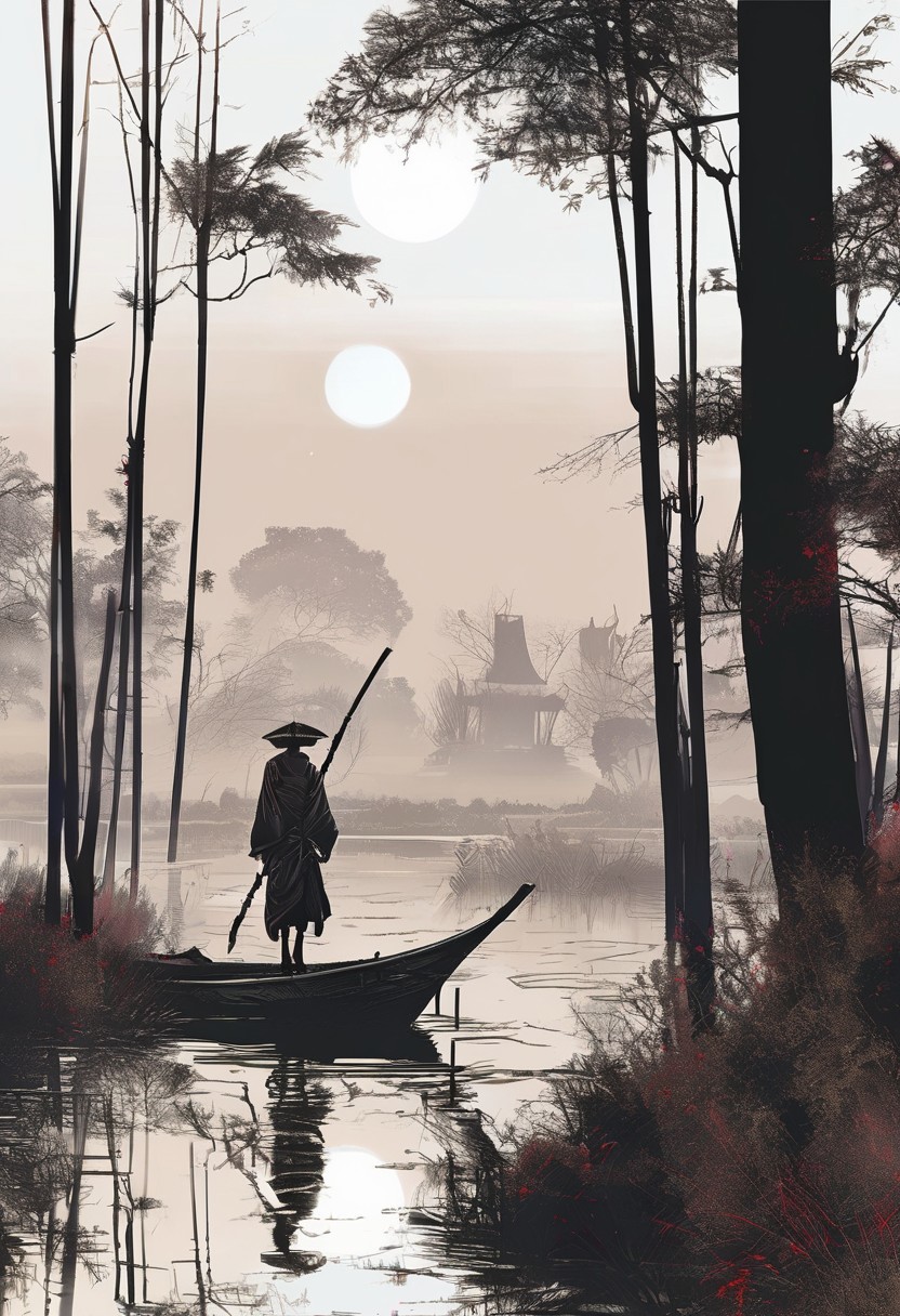 linquivera,  Ink illustration, (anime:0.5), brown tones, aged black red paper,Acer japonicum, inkpunk, moonlight,surreal, a ghost standing on a boat in swampy wetlands, (at a distance), Will-o'-the-wisp, The city is in the background,moonlit, lonely, solitude, windy, tall trees, samurai sword fight,willows, willowy,  OverallDetail, bamboo grove,extremely detailed, UHD,(long exposure , dystopian but extremely beautiful:1.4),<lora:- SDXL - letitflrsh_let_it_flourish_V1.0:0.8> ,<lora:Cute_Collectible:1>, <lora:XL_boss_battle:0.6>  <lora:add-detail-xl:1>,  <lora:Concept Art Twilight Style SDXL_LoRA_Pony Diffusion V6 XL:1>,  <lora:MJ52:1>