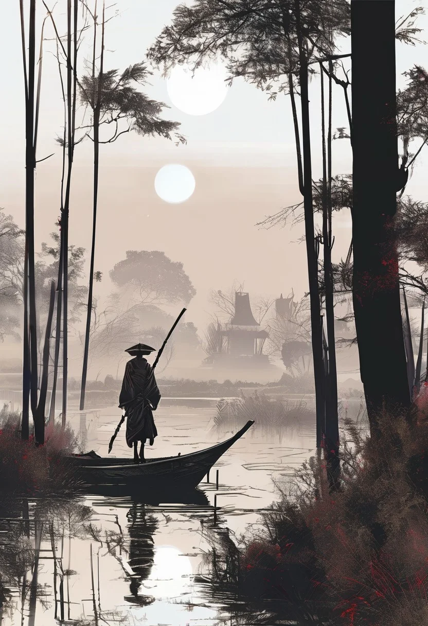 linquivera, Ink illustration, (anime:0.5), brown tones, aged black red paper,Acer japonicum, inkpunk, moonlight,surreal, a ghost standing on a boat in swampy wetlands, (at a distance), Will-o'-the-wisp, The city is in the background,moonlit, lonely, solitude, windy, tall trees, samurai sword fight,willows, willowy, OverallDetail, bamboo grove,extremely detailed, UHD,(long exposure , dystopian but extremely beautiful:1.4),<lora:- SDXL - letitflrsh_let_it_flourish_V1.0:0.8> ,<lora:Cute_Collectible:1>, <lora:XL_boss_battle:0.6> <lora:add-detail-xl:1>, <lora:Concept Art Twilight Style SDXL_LoRA_Pony Diffusion V6 XL:1>, <lora:MJ52:1>