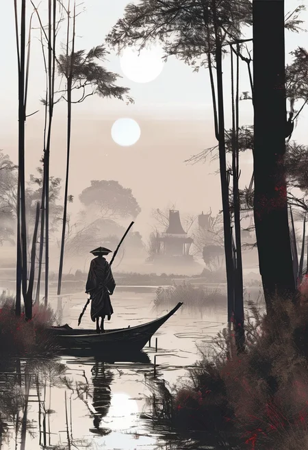 linquivera, Ink illustration, (anime:0.5), brown tones, aged black red paper,Acer japonicum, inkpunk, moonlight,surreal, a ghost standing on a boat in swampy wetlands, (at a distance), Will-o'-the-wisp, The city is in the background,moonlit, lonely, solitude, windy, tall trees, samurai sword fight,willows, willowy, OverallDetail, bamboo grove,extremely detailed, UHD,(long exposure , dystopian but extremely beautiful:1.4),<lora:- SDXL - letitflrsh_let_it_flourish_V1.0:0.8> ,<lora:Cute_Collectible:1>, <lora:XL_boss_battle:0.6> <lora:add-detail-xl:1>, <lora:Concept Art Twilight Style SDXL_LoRA_Pony Diffusion V6 XL:1>, <lora:MJ52:1>