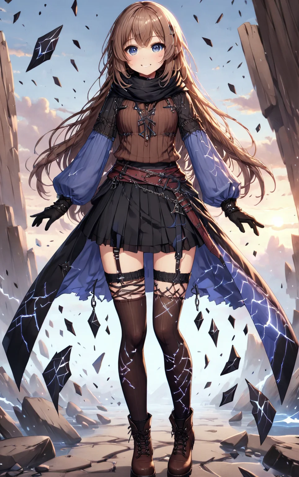 ShatteredCloth,1girl,solo,looking at viewer,blush,smile,bangs,blue eyes,skirt,shirt,thighhighs,gloves,long sleeves,hair between eyes,closed mouth,standing,full body,pleated skirt,boots,black gloves,puffy sleeves,black thighhighs,black skirt,scarf,black footwear,garter straps,brown footwear,single thighhigh,cross-laced footwear,puffy long sleeves,rock,electricity,brown shirt,black scarf<lora:add-detail-xl:0.8> <lora:ShatteredCloth:0.6>
