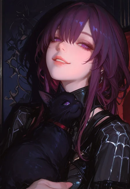 (
xbsx,
:1.25), (wlop, solipsist, xilmo:0.8), (realistic:0.7),
1girl, kafka \(honkai: star rail\), purple hair, purple eyes, black cat, animal, smile, looking at viewer, long hair, upper body, holding animal, hair between eyes, parted lips,
newest, very awa, masterpiece, highres, absurdres, year 2024,