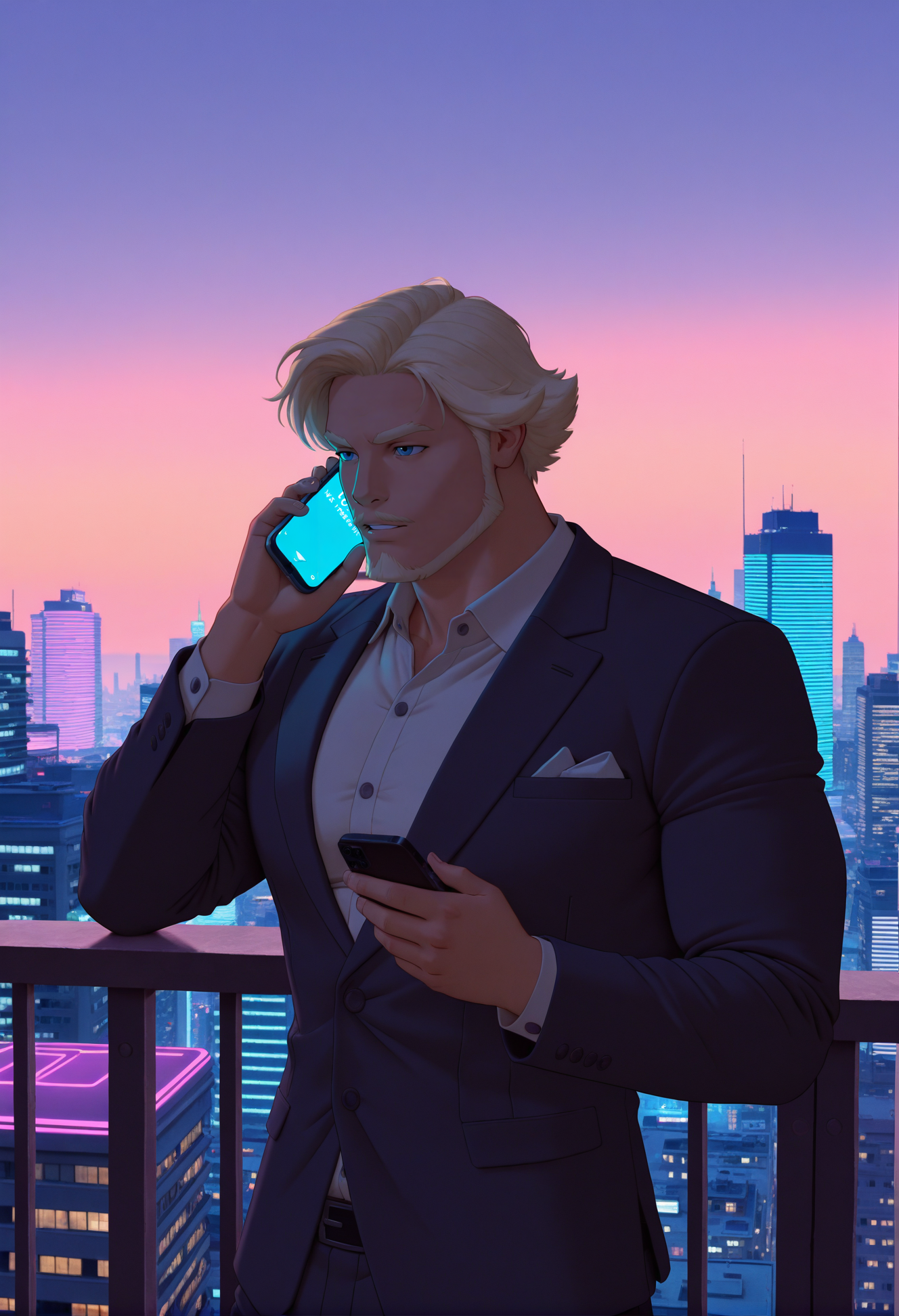 neonpunk style concept art masterpiece, best quality, absurdres
 <lora:dobri:0.9>dobriba, 1boy, male focus, solo, facial hair, blue eyes, blonde hair, mustache, beard,  short hair, breastplate, office suit, city, balcony, talking on the phone, muscular, holding the phone, from the side, evening  <lora:noobai_vpred_1_masterpieces_v23:0.8> masterpiece, best quality, very aesthetic <lora:NOOB_vp1_detailer_by_volnovik_v1:1> . digital artwork, illustrative, painterly, matte painting, highly detailed . cyberpunk, vaporwave, neon, vibes, vibrant, stunningly beautiful, crisp, detailed, sleek, ultramodern, magenta highlights, dark purple shadows, high contrast, cinematic, ultra detailed, intricate, professional