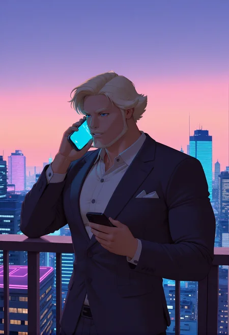 neonpunk style concept art masterpiece, best quality, absurdres
 <lora:dobri:0.9>dobriba, 1boy, male focus, solo, facial hair, blue eyes, blonde hair, mustache, beard,  short hair, breastplate, office suit, city, balcony, talking on the phone, muscular, holding the phone, from the side, evening  <lora:noobai_vpred_1_masterpieces_v23:0.8> masterpiece, best quality, very aesthetic <lora:NOOB_vp1_detailer_by_volnovik_v1:1> . digital artwork, illustrative, painterly, matte painting, highly detailed . cyberpunk, vaporwave, neon, vibes, vibrant, stunningly beautiful, crisp, detailed, sleek, ultramodern, magenta highlights, dark purple shadows, high contrast, cinematic, ultra detailed, intricate, professional