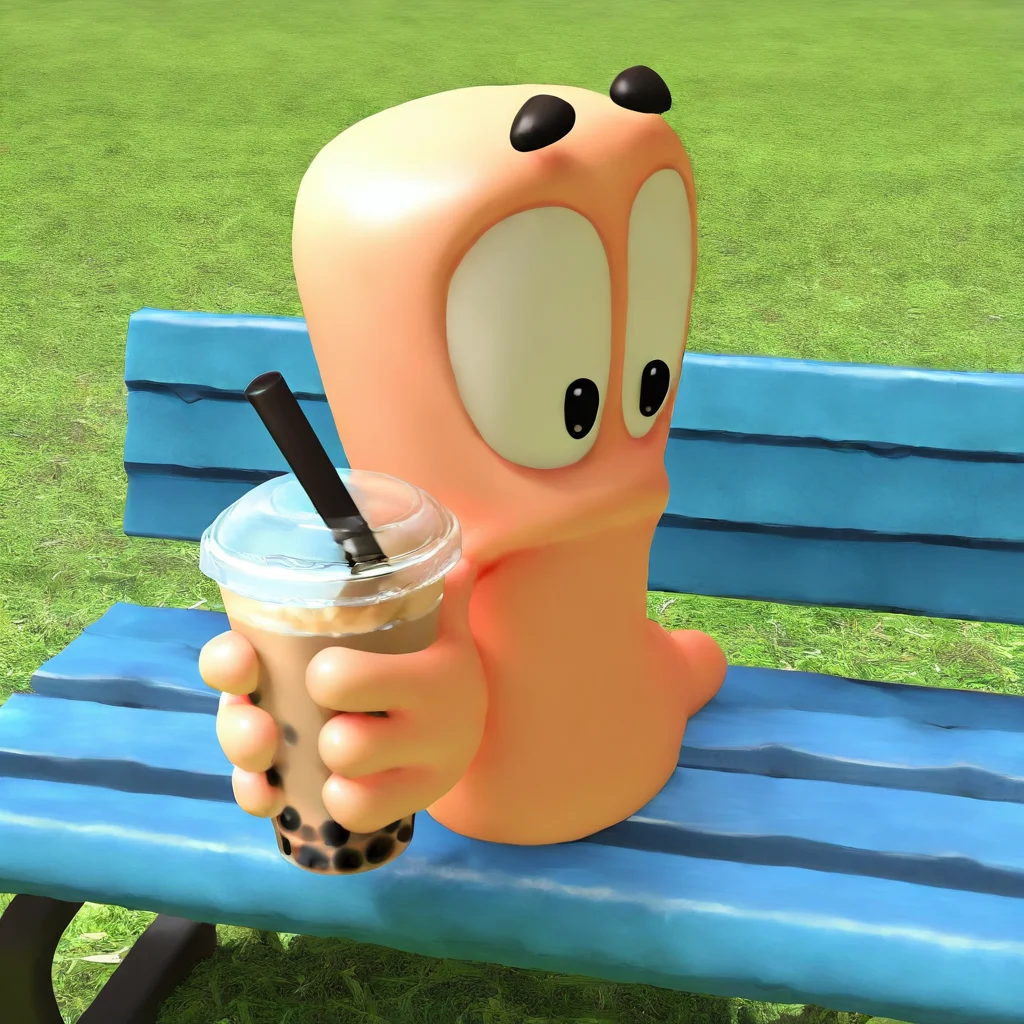 wormsteam17, wormrender, worm, 1worm, solo, no humans, 2 floating black eyebrows, holding drink, holding cup, bubble tea, on bench, outdoors, grass, park, day, 3d, 3d \(artwork\), general, masterpiece, best quality, very aesthetic, highres, absurdres