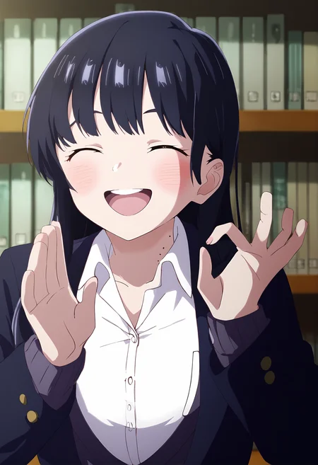 score_9, score_8_up, score_7_up, source_anime,  in a library, uncensored, 
<lora:Anna_Yamada:1>18 year old girl, Anna Yamada, long hair, black hair, brown eyes, mole on neck, bangs, large breasts, upper teeth only, mouth open, blushing, :D, 
happy girl, facing the viewer, big smile, mouth open, upper body, directly facing the viewer,
school uniform, blazer, white shirt, collared shirt, pleated skirt, 
 <lora:PachaMeme_pdxl_Incrs_v1:1> pachameme, hands up, ok sign, closed eyes