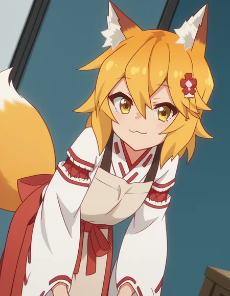 score_9, score_8_up, score_7_up, source_anime,
kitsunesenko, <lora:kitsune-senko-s1-ponyxl-lora-nochekaiser:1>,
senko, bangs, blonde hair, hair ornament, animal ears, hair between eyes, yellow eyes, flower, hair flower, animal ear fluff, fox ears, red flower, fox girl,
long sleeves, tail, japanese clothes, wide sleeves, kimono, apron, ribbon trim, hakama, hakama skirt, ribbon-trimmed sleeves, white kimono, miko, brown apron,
indoors, bent over, smile,
solo, dutch angle, looking at viewer, cowboy shot,