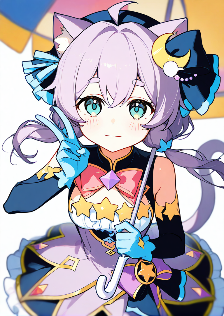 score_9, score_8_up, score_7_up, source_anime, wallpaper, BREAK,
(1girl:1.2), solo,  <lora:PrismSaltIllustTest0.0.2 EA 4LR16EP:1>, salt\(maimai\),  thick eyebrows, ahoge, hair between eyes, light smile,
cat ears, cat tail,  animal ear fluff,  green eyes,  (grey purple hair:1.1), hair ornament,  small breasts, star ribbon,star \(symbol\), star decorations,
crescent hair ornament, blue elbow gloves, frills,  <lora:HandFixer_pdxl_Incrs_v1:0.6>,
looking at viewer,holding, umbrella, holding umbrella, v, straight-on, from above,  cowboy shot,
white background,  masterpiece, best quality, extremely detailed,
<lora:delicate:1>,