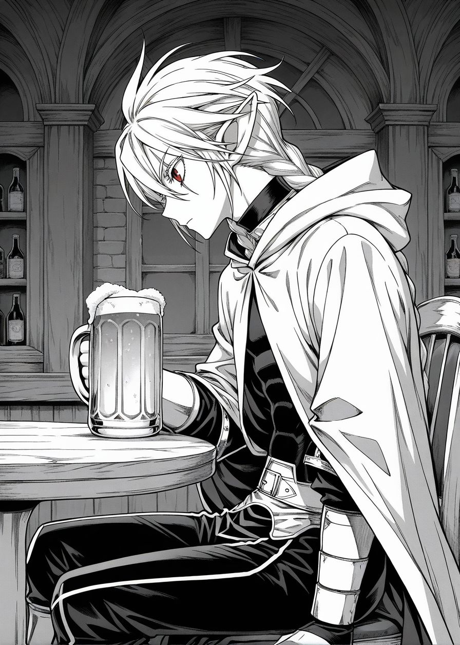 masterpiece, best quality, arms at sides, male focus, 1boy, male, indoors, bar background, holding jug, drinking beer, sitting on chair, table, facing to the side, solo, (monochrome, manga style:1.2), 
<lora:Koinzell:0.8>, Koinz0l, red eyes, platinum blonde hair, scar across eye, pointy ears, twin braid, platinum blonde eyelashes, cape, hooded cloak,