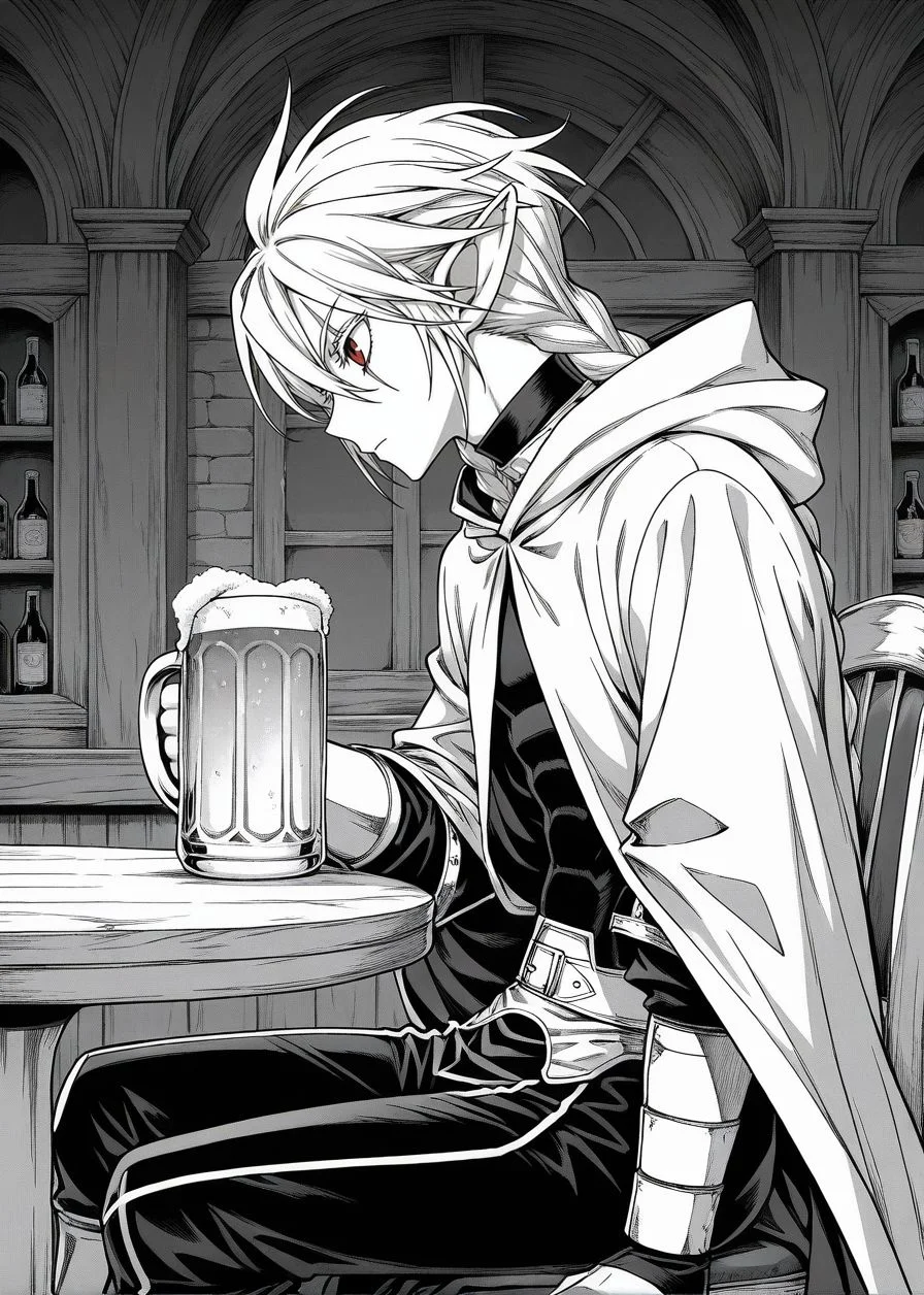 masterpiece, best quality, arms at sides, male focus, 1boy, male, indoors, bar background, holding jug, drinking beer, sitting on chair, table, facing to the side, solo, (monochrome, manga style:1.2),
<lora:Koinzell:0.8>, Koinz0l, red eyes, platinum blonde hair, scar across eye, pointy ears, twin braid, platinum blonde eyelashes, cape, hooded cloak,