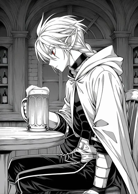 masterpiece, best quality, arms at sides, male focus, 1boy, male, indoors, bar background, holding jug, drinking beer, sitting on chair, table, facing to the side, solo, (monochrome, manga style:1.2),
<lora:Koinzell:0.8>, Koinz0l, red eyes, platinum blonde hair, scar across eye, pointy ears, twin braid, platinum blonde eyelashes, cape, hooded cloak,