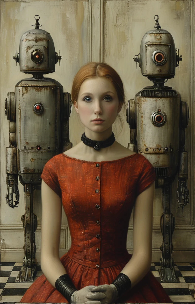 masterpiece,best quality,<lora:tbh163-sdxl:0.9>,illustration,style of Mike Worrall, portrait of Housework robots
