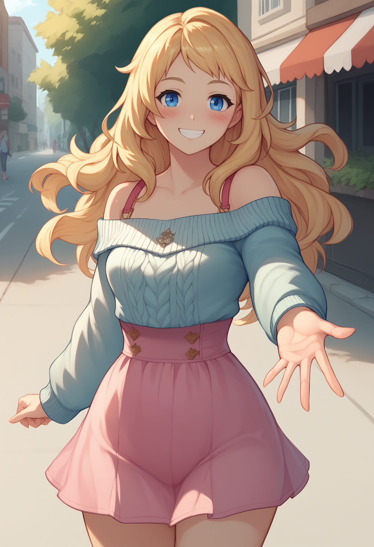 score_9, score_8_up, score_7_up BREAK <lora:freykrV2-ponyxl-beta1-09:1>, FreyKR, long hair, blonde hair, blue eyes, off shoulder, aran sweater, see-through, pink skirt, high-waist skirt, beckoning, reaching towards viewer, casual, smile, teeth, raised eyebrows, blush, street, shade, cowboy shot, wide hips,