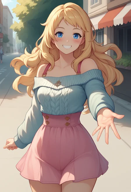 score_9, score_8_up, score_7_up BREAK <lora:freykrV2-ponyxl-beta1-09:1>, FreyKR, long hair, blonde hair, blue eyes, off shoulder, aran sweater, see-through, pink skirt, high-waist skirt, beckoning, reaching towards viewer, casual, smile, teeth, raised eyebrows, blush, street, shade, cowboy shot, wide hips,