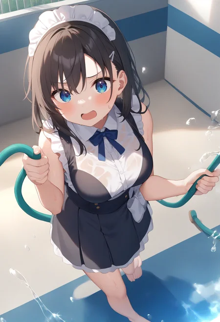 1girl,sincos, ningen mame, toosaka asagi,solo,large breasts,20yo,maid,maid headdress,sleeveless,miniskirt,  standing, barefoot,
empty pool,<lora:emptypool_XL_v1:0.8>
pool, water, day, outdoors, wet, sky, broom, holding hose,
sunlight, wet clothes, spraying, water drop, splashing, lens flare, cleaning brush, cleaning, soaking feet, wet hair, sweatdrop, puddle,
best quality, very aesthetic, absurdres