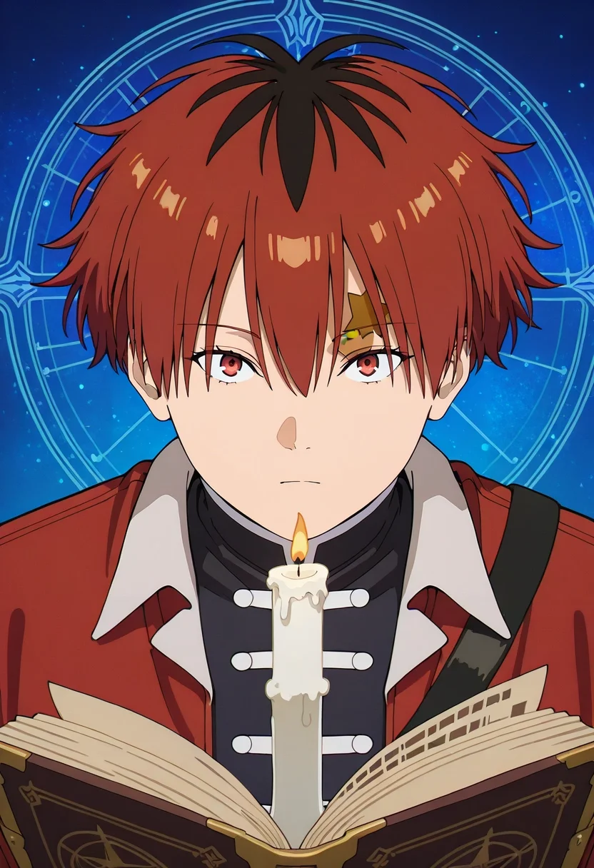masterpiece, best quality, intricate details, (photorealistic:0.6), looking at viewer, , 1boy, solo, male focus, <lora:stark_sousou_no_frieren_ilxl:0.92>, stark_sousou_no_frieren, red hair, red eyes, short hair, bangs, hair between eyes, multicolored hair, two-tone hair, black hair, wizard's study, floating books, magical artifacts, star charts, researching pose, studious expression, candlelight,