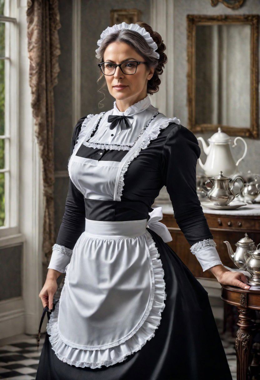 full body shot of a beautiful 45 year old woman, medium length brown hair streaked with gray, gray eyes, glasses, square face, rounded cheeks, hourglass figure, slightly overweight, victorian maid, standing in a victorian parlor, serving tea