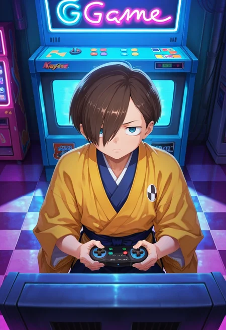 masterpiece, best quality, , (realistic:0.6), looking at viewer, 1boy, solo, male focus, <lora:kyoutarou_ichikawa_ilxl:0.94>, kyoutarou_ichikawa, brown hair, blue eyes, short hair, hair over one eye, bangs, retro arcade, neon lights, game cabinets, checkered floor, playing games, competitive expression, night, japanese costume