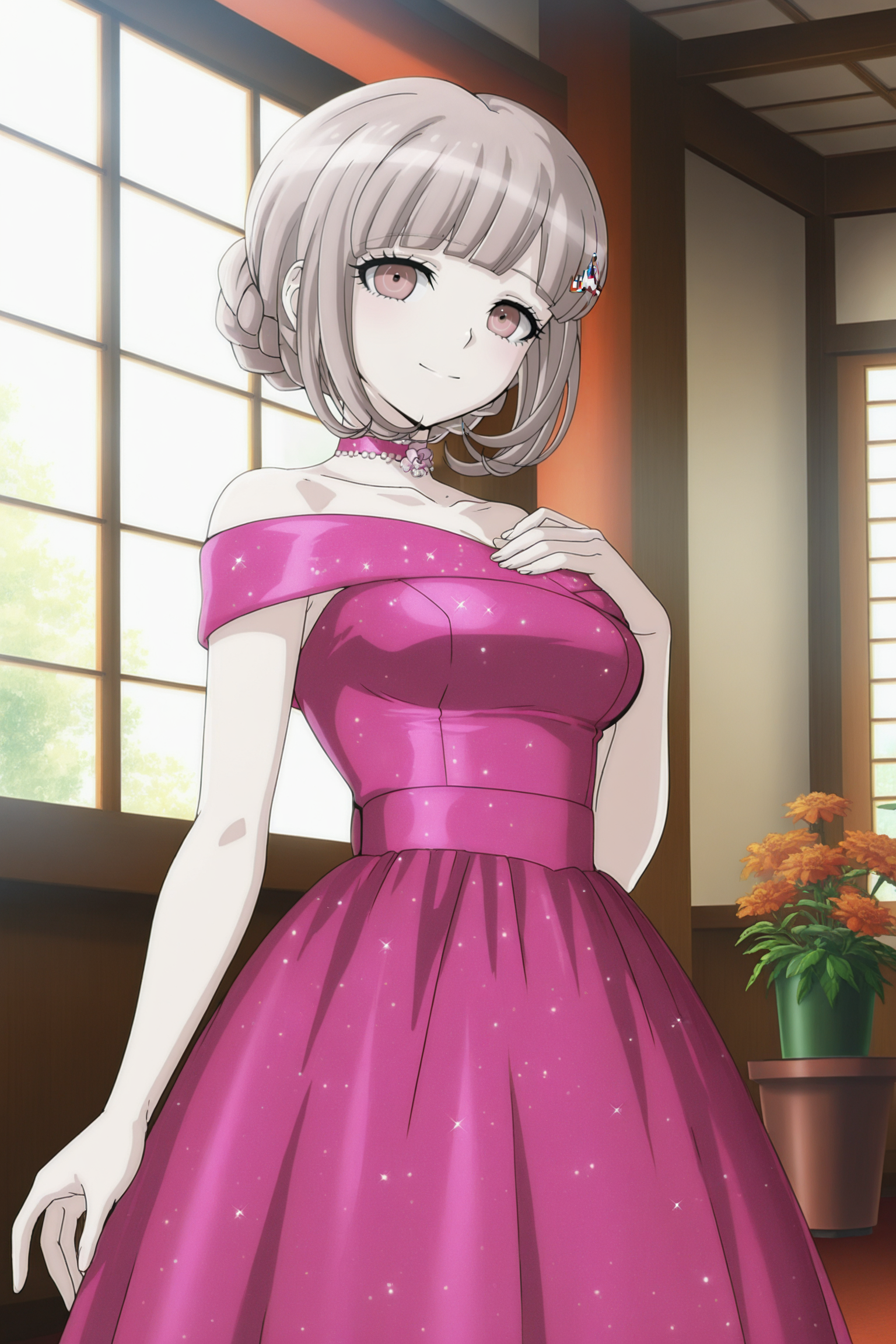 anime screencap, masterpiece, best quality, amazing quality, very aesthetic, absurdres,  newest, (scenery, volumetric lighting),
nanami chiaki, 10th anniversary, official style, 1girl, solo, breasts, looking at viewer, smile, short hair, bangs, window, light brown hair, hair ornament, flower pot, day, bare shoulders, brown eyes, medium breasts, closed mouth, standing, collarbone, indoors, sparkling dress, choker, hairclip, arm at side, blunt bangs, medium hair, pink eyes, off shoulder, hair bun, bare arms, hand on own chest, pink dress, off-shoulder dress, cowboy shot, east asian architecture
 <lora:Chiaki_IL:0.8>
