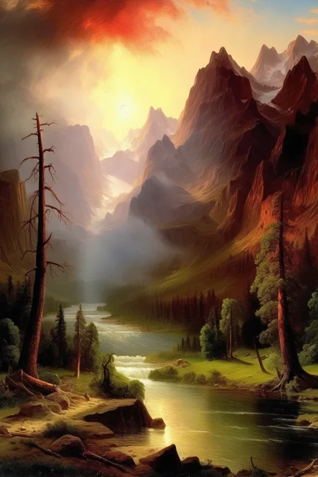 <lora:Thomas Moran Style:1>Thomas Moran Style - albert bierstadt painting mountains and rivers