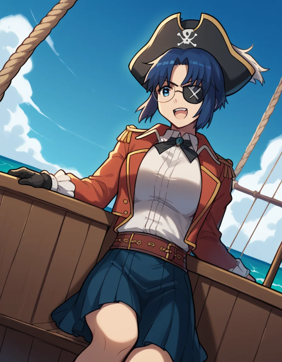 score_9, score_8_up, score_7_up, source_anime, <lora:carnivalphantasm-ciel-ova-ponyxl-lora-nochekaiser:1>, ciel, short hair, blue hair, blue eyes, glasses, ciel (tsukihime), large breasts,, <lora:pirate-costume-ponyxl-lora-nochekaiser:1>, pirate costume, pirate hat, skirt, gloves, jacket, shirt, eyepatch,, blue sky, sea, ocean, pirate ship, treasure, gold, smug, open mouth, from below, sitting,, , dutch angle, cowboy shot