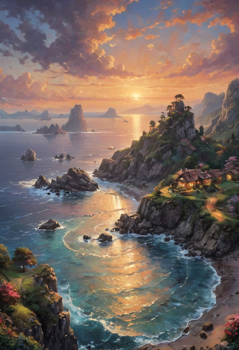 a beautiful painting of a bay at sunset with islands scattered in the sea, in style of impressionism. dark fantasy, hyper detailed, sharp focus, soft light. oil on canvas, ray tracing. trending on artstation romantic impressionism, dream scenery art, beautiful oil matte painting, romantic, style of thomas kinkade, beautiful digital painting, anime landscape, romantic painting, thomas kinkade style painting, dreamlike digital painting, colorful painting, beautiful gorgeous digital art, style thomas kinkade <lora:add_detail:0.5>