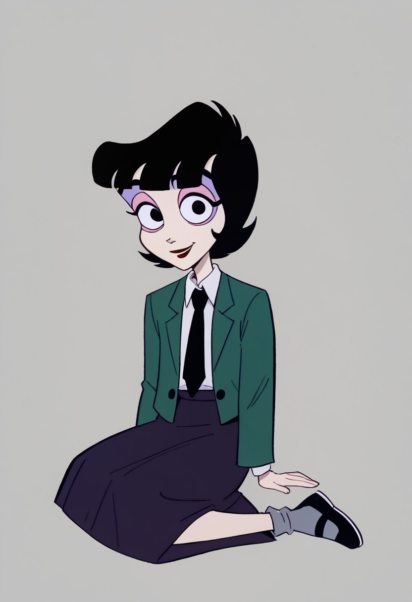 score_9, score_8_up, score_7_up BREAK LydiaDeetz, 1girl, black hair, black bob cut, blunt bangs, black eyes, red lipstick, pink eyelids, purple eyeshadow, open dark green jacket, collared gray undershirt, black tie, dark purple skirt, gray socks, black mary jane shoes, smiling at viewer, full body,