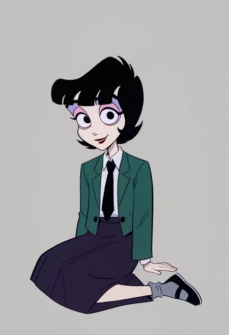 score_9, score_8_up, score_7_up BREAK LydiaDeetz, 1girl, black hair, black bob cut, blunt bangs, black eyes, red lipstick, pink eyelids, purple eyeshadow, open dark green jacket, collared gray undershirt, black tie, dark purple skirt, gray socks, black mary jane shoes, smiling at viewer, full body,