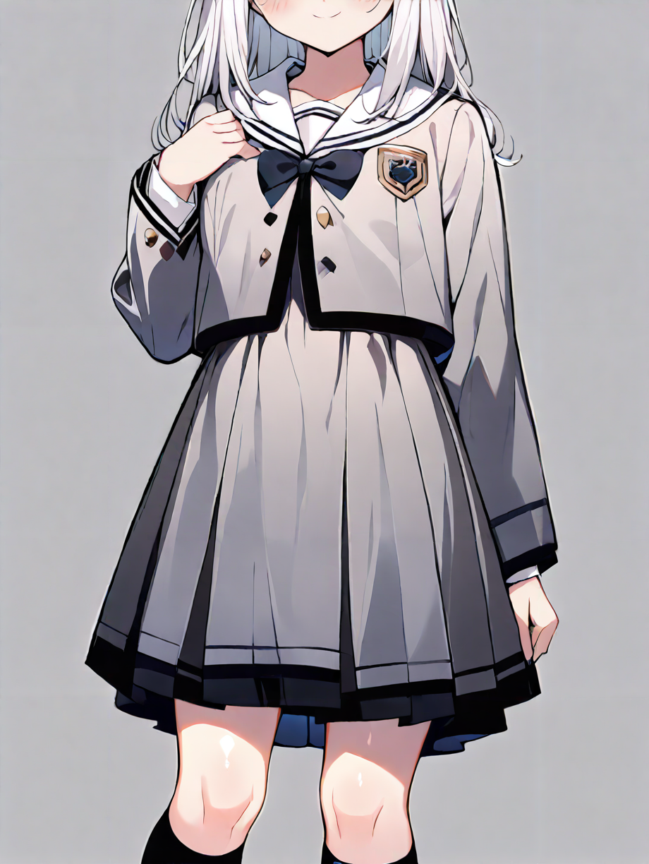masterpiece,ultra-detailed,best quality,8K,illustration,cute face,clean skin ,shiny hair,solo,girl,ultra-detailed-eyes,simple background,   <lora:jyoji formal_XL_illustrious_V1.0:1> jyojifuku, dress, long sleeves, jacket,school uniform,kneehighs