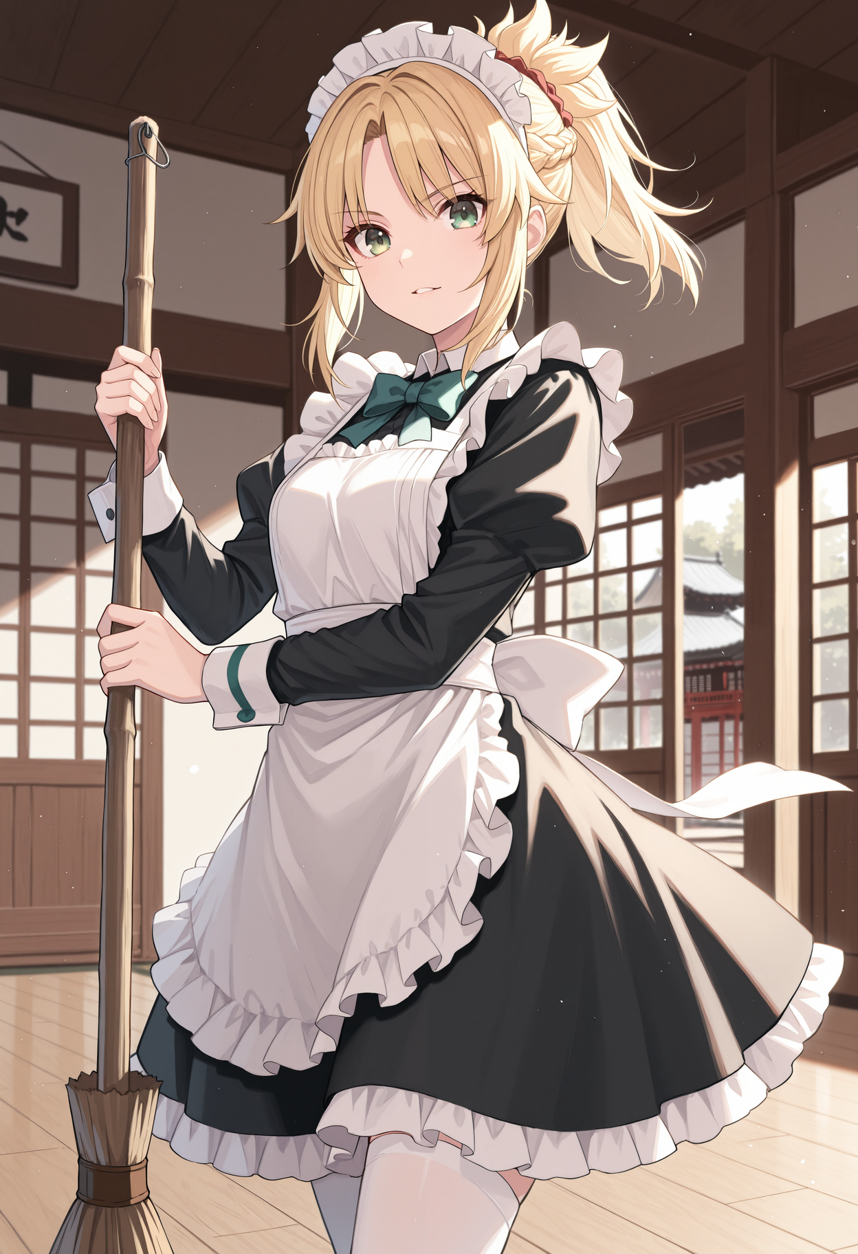 masterpiece, best quality, 1girl, solo, blonde hair, ponytail, dfMd, maid, maid headdress, maid apron, long sleeves, d0j0, indoors, sliding doors, sunlight, broom, holding broom, sweeping, green eyes, bowtie, puffy sleeves, wooden floor, east asian architecture, looking at viewer, white thighhighs, serious, parted lips, smile