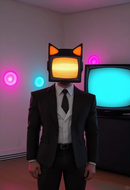 an interesting composition of (dzktxez) , a realistic scene of a cartoon being shown on the TV and in this scene there is a person that has a ((television)) for their head, looking at viewer, (tv for his head),1boy, male focus, they are wearing a formal black suit, ultra HD, realistic 8K raw photography, prismatic sci fi inspired DSLR photography, HDR, UHD, 64K, vivid details, vibrant colors, natural lighting, volumetric lighting, bokeh, extremely detailed, cyberpunk theme, retro futurism, 128k, ((tv head)), world morph, anthro tv, zPDXL