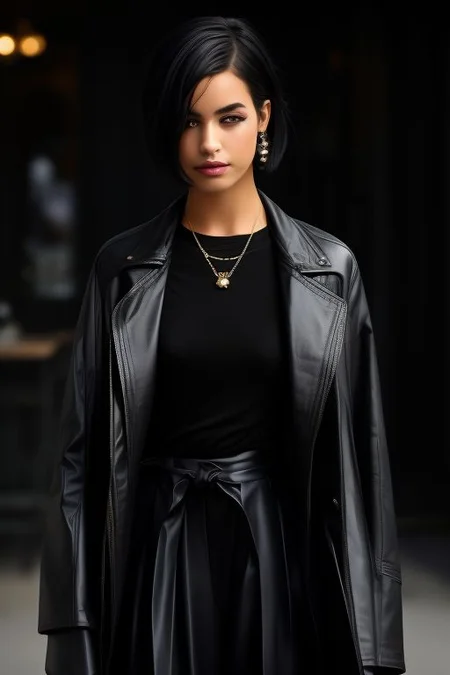 masterpiece, best quality, ultra detailed, bellissima, 1girl, she is wearing with a black collared shirt , black pants with a white coat. Armani style, very short hair, black hair, cowboy shot