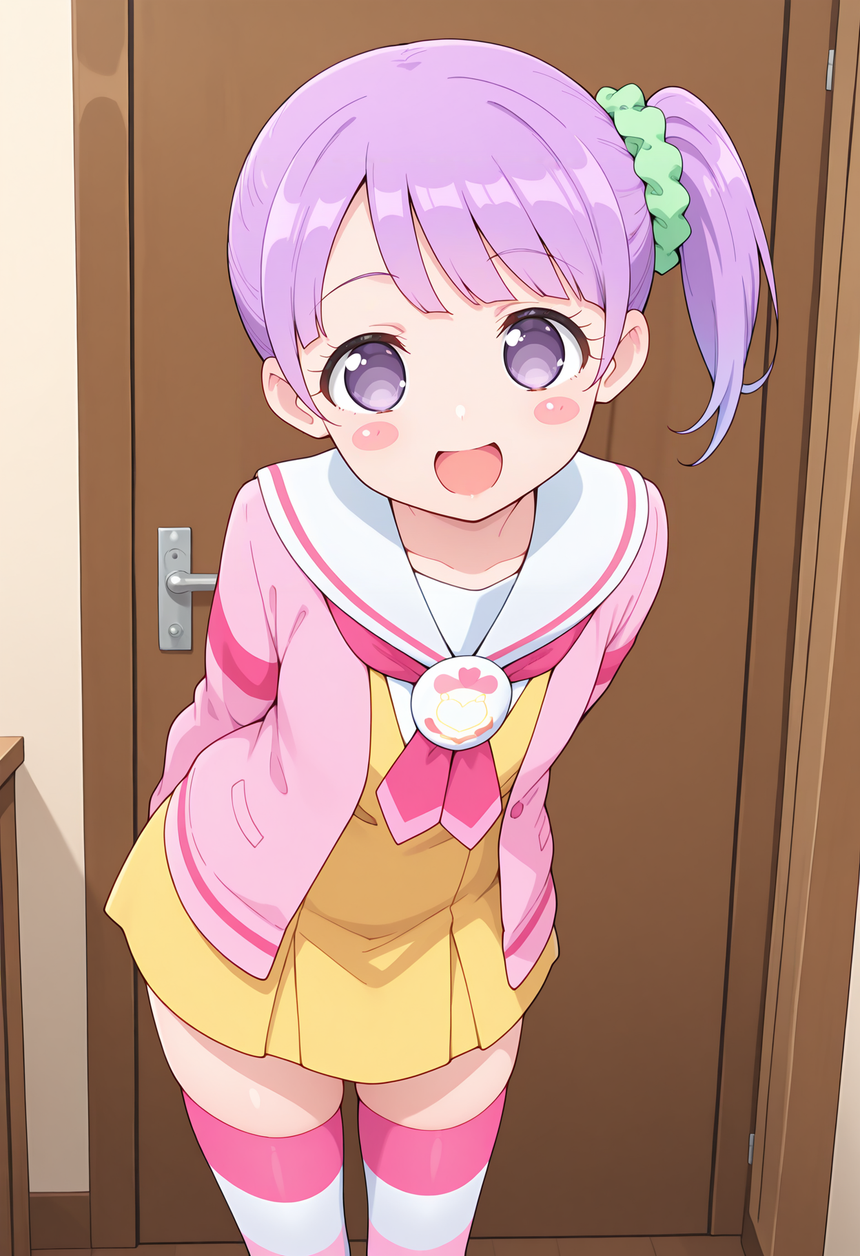 highres, best quality, masterpiece, indoors,
1girl, solo, prpprnon, purple hair, side ponytail, purple eyes, hair scrunchie, blush stickers,
school uniform, white sailor collar, yellow dress, pink jacket, white thighhighs, striped thighhighs,
looking at viewer, blush, smile, open mouth, 
standing, arms behind back, leaning to the side, 
<lora:_non_manaka-elesico-ilxl-13:1>