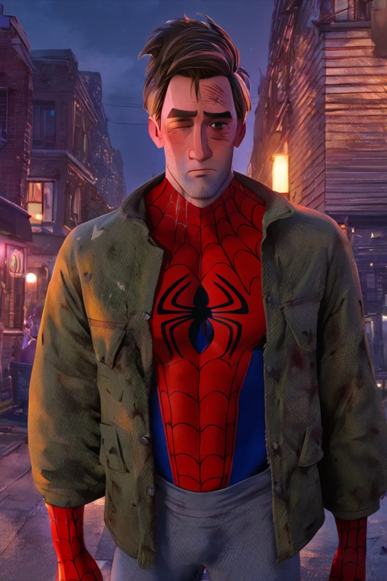 score_9, score_8_up, score_7_up, peterbparker, gjcoutfit, 1boy, solo, male focus, mature male, short hair, brown hair, brown eyes, thick eyebrows, facial hair, stubble, superhero, spider web print, red bodysuit, blue bodysuit, multicolored clothes, looking at viewer, sad, standing, upper body, bruise, bruise on face, bruised eye, one eye closed, green coat, grey pants, night, night sky, outdoors, city, building <lora:Spider-Man (Peter B. Parker) v1.1 HQ LoRA_Pony XL v6:0.8>